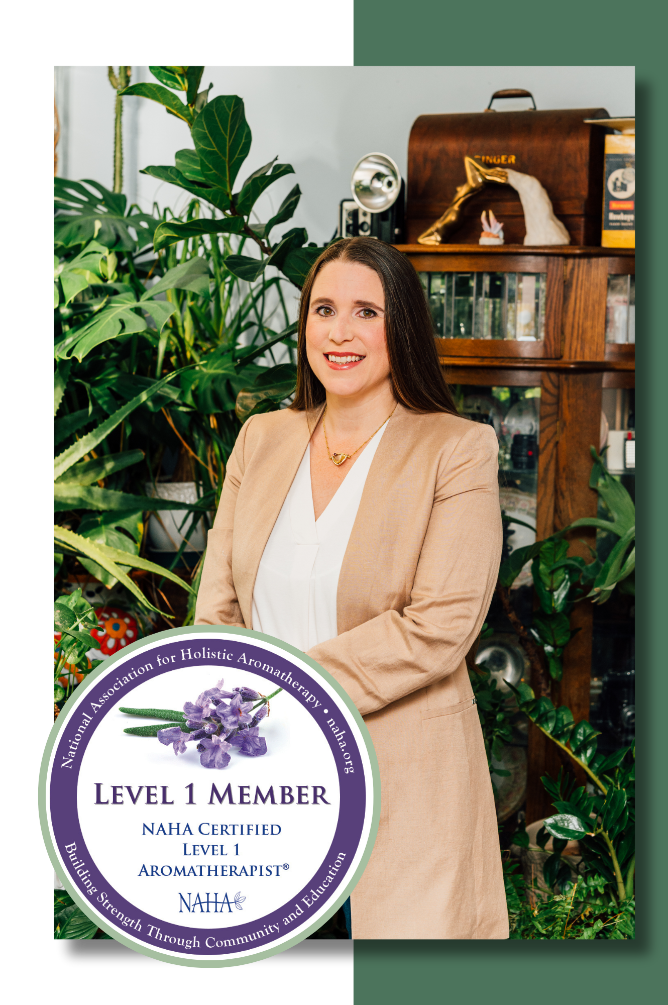aromatherapy practitioner bonnie d'arcangelo National Association for Holistic Aromatherapy certified seal featured layered over an image of Bonnie in her3 home